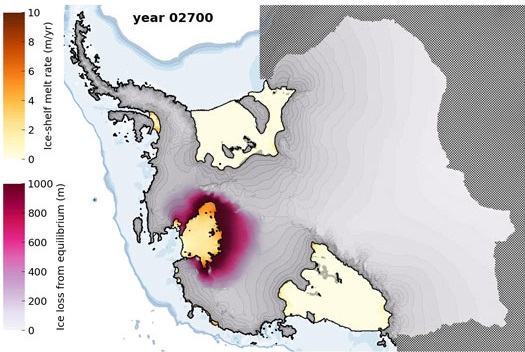 Nivel de deshielo de la capa de hielo de la Antártida occidental para el año 2700. / Feldmann et al